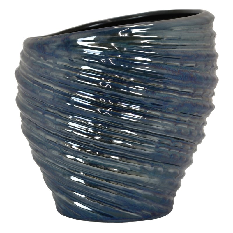 Benjara Round Modern Vase- Spiral Turned Design- Blue Ceramic 17