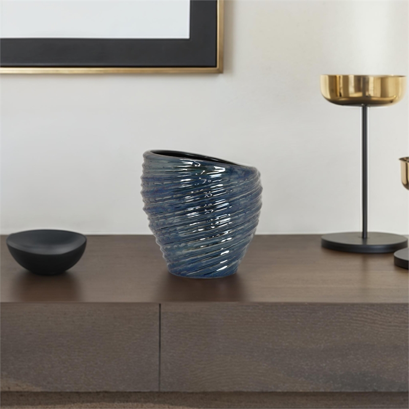 Benjara Round Modern Vase- Spiral Turned Design- Blue Ceramic 17