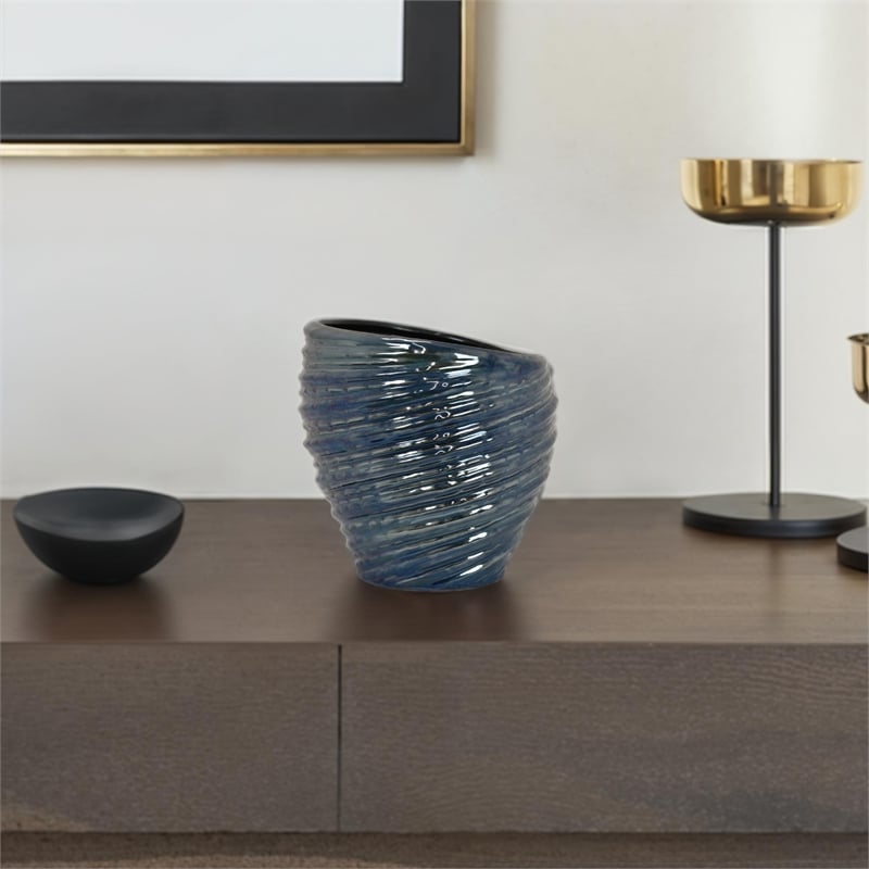 Benjara Round Modern Vase- Spiral Turned Design- Blue Ceramic 17