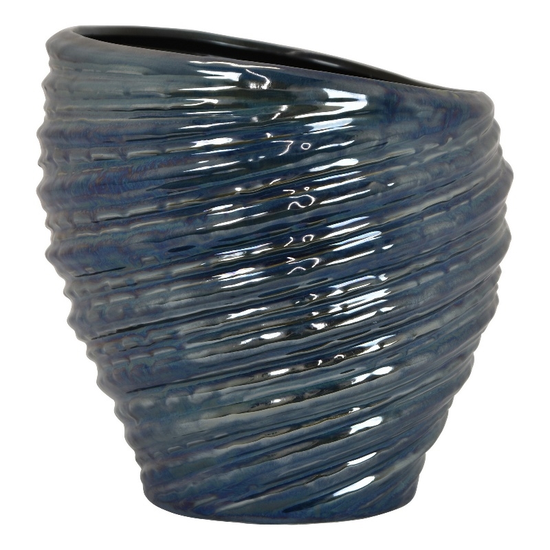 Benjara Round Modern Vase- Spiral Turned Design- Blue Ceramic 17