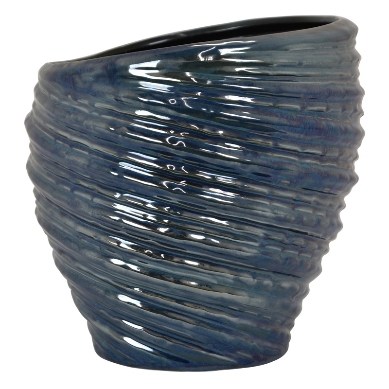 Benjara Round Modern Vase- Spiral Turned Design- Blue Ceramic 17