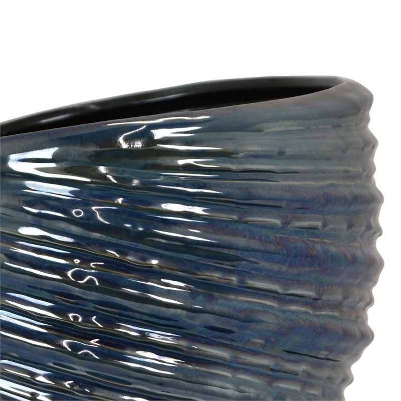 Benjara Round Modern Vase- Spiral Turned Design- Blue Ceramic 17