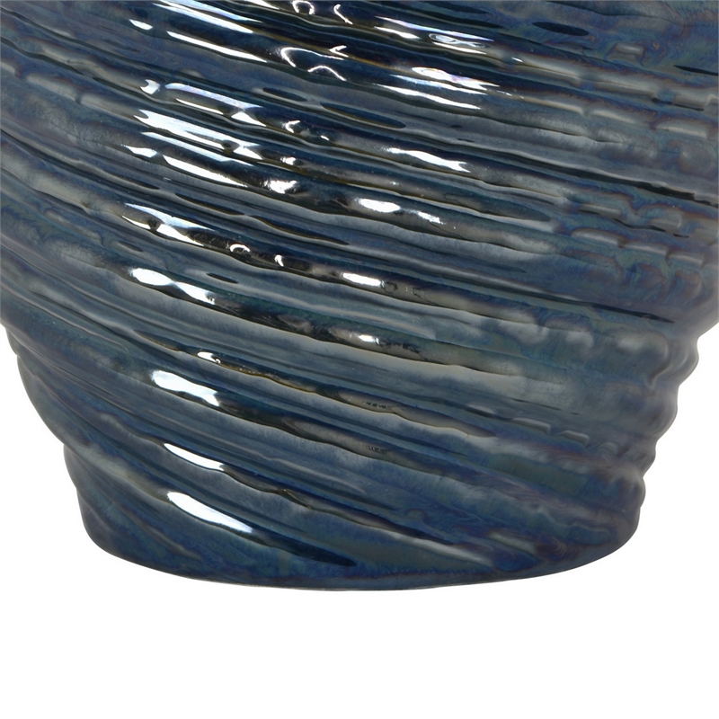 Benjara Round Modern Vase- Spiral Turned Design- Blue Ceramic 17