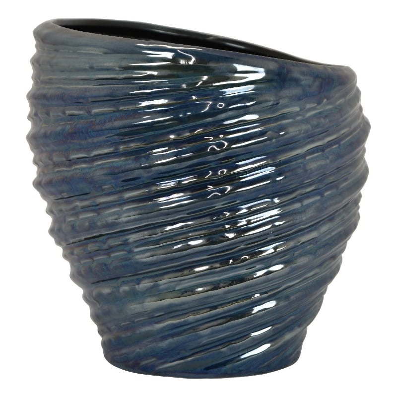 Benjara Round Modern Vase- Spiral Turned Design- Blue Ceramic 17