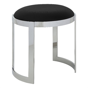 Benjara Niyo 19&quot Accent Stool Ottoman Ottoman- Round Black Faux Leather- Silver