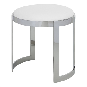 Benjara Niyo 19&quot Accent Stool Ottoman- Round Seat- White Faux Leather- Silver
