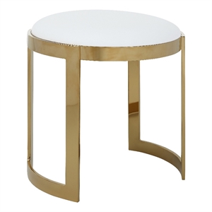 Benjara Niyo 19&quot Accent Stool Ottoman- Round Cushioned White Faux Leather- Gold