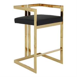 Benjara Suki 30&quot Barstool Chair- Black Faux Leather Seat- Gold Cantilever Base