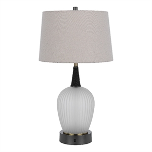 Benjara Wenu 29&quot Table Lamp- Accent Frosted Glass Base- White Fabric Shade