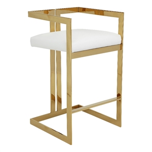 Benjara Suki 30&quot Barstool Chair- White Faux Leather Seat- Gold Cantilever Base