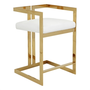 Benjara Suki 26&quot Counter Height Chair- White Faux Leather- Gold Cantilever Base