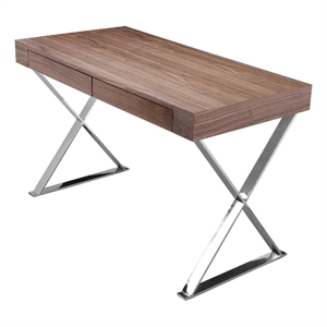 Benjara Rix 47&quot Office Desk- Walnut Wood Top- 2 Drawers- X Polished Steel Legs