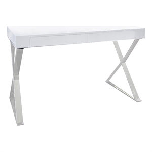 Benjara Rix 47&quot Office Desk- White Wood Top- 2 Drawers- X Polished Steel Legs