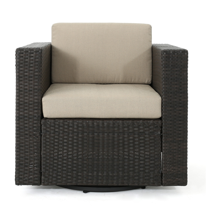 Benjara Perie Outdoor Swivel Accent Chair- Beige Fabric and Dark Brown Rattan