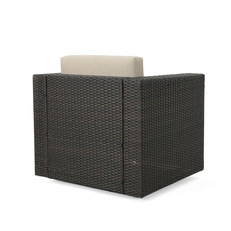 Benjara Perie Outdoor Swivel Accent Chair- Beige Fabric and Dark Brown Rattan