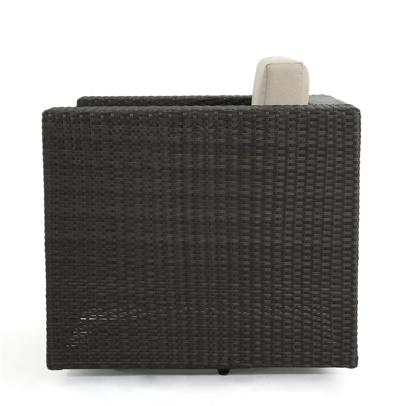 Benjara Perie Outdoor Swivel Accent Chair- Beige Fabric and Dark Brown Rattan