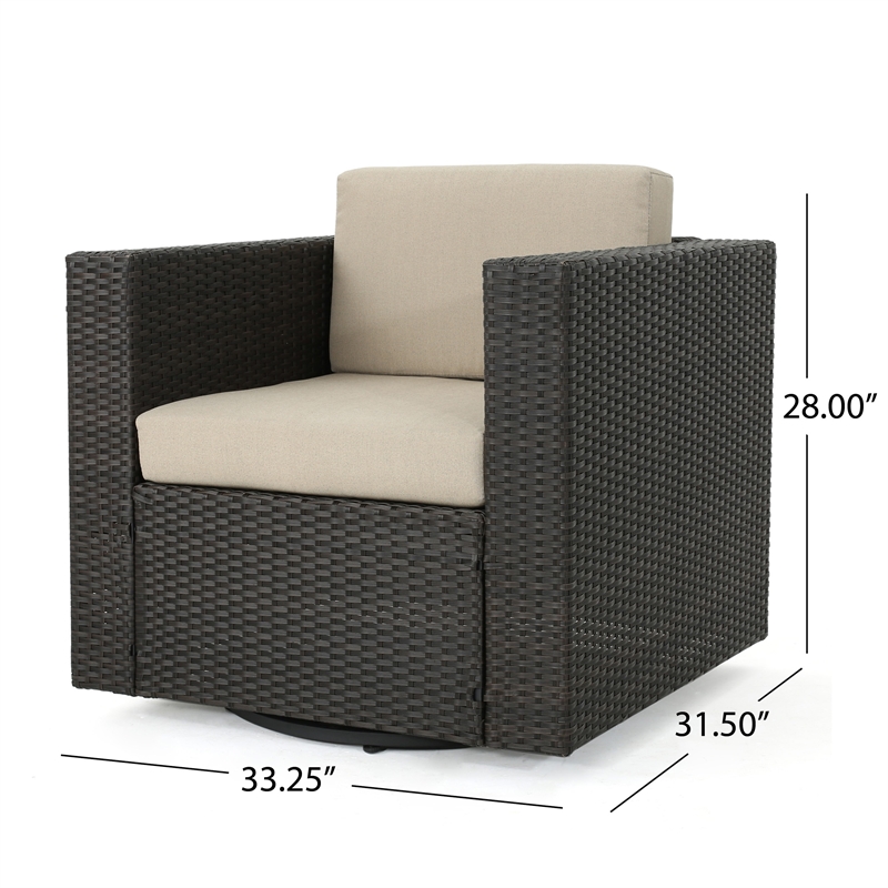 Benjara Perie Outdoor Swivel Accent Chair- Beige Fabric and Dark Brown Rattan