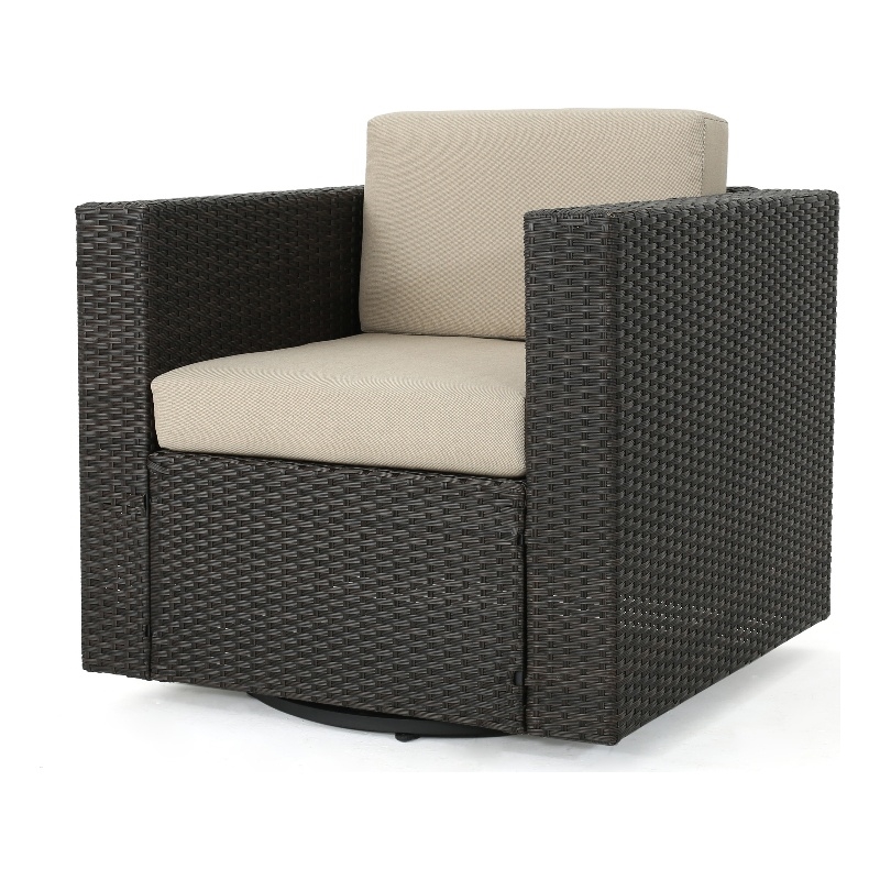Benjara Perie Outdoor Swivel Accent Chair- Beige Fabric and Dark Brown Rattan