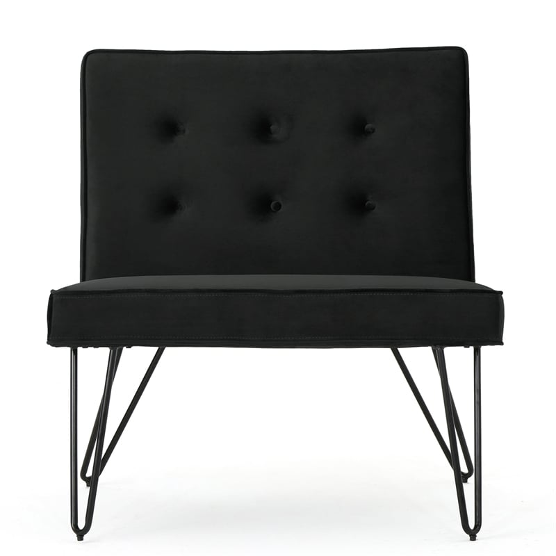 Benjara Ashley Armless Slipper Chair- Hairpin Legs- Black Button Tufted Velvet