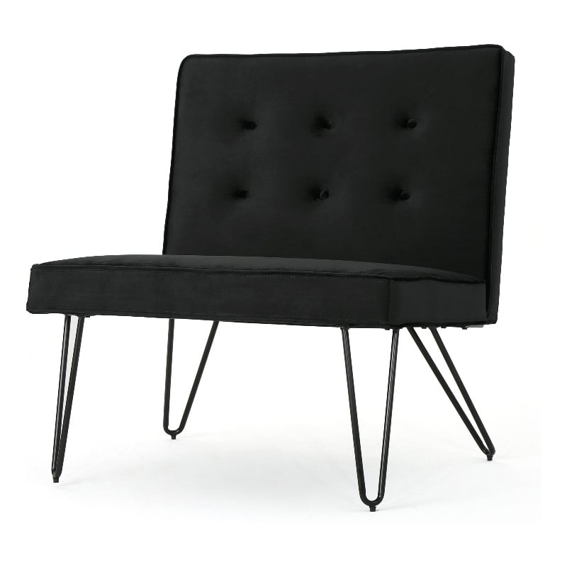 Benjara Ashley Armless Slipper Chair- Hairpin Legs- Black Button Tufted Velvet