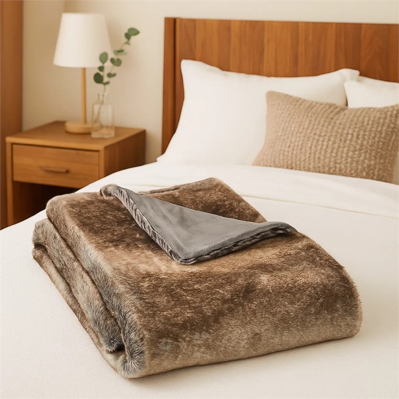 Benjara Tini 50x60 Throw Blanket- Rich Brown Faux Fur- One Sided Design