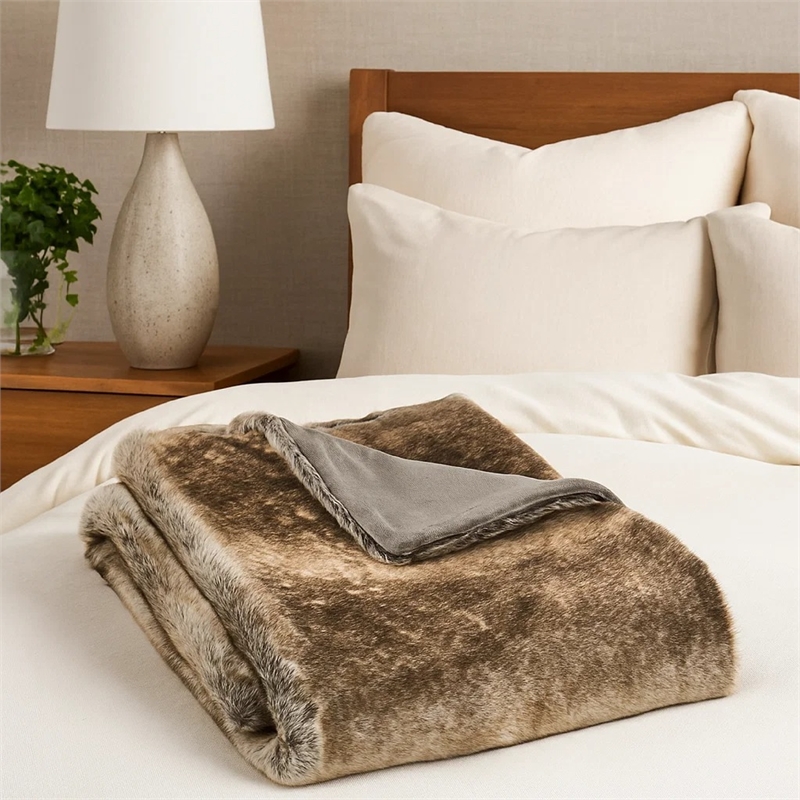 Benjara Tini 50x60 Throw Blanket- Rich Brown Faux Fur- One Sided Design