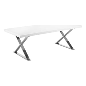 Benjara Rix 87&quot Dining Table- White Wood Top- X Chrome Finished Steel Legs