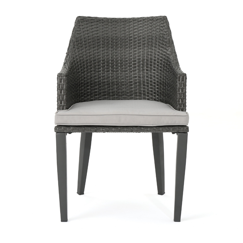 Benjara Ellish Outdoor Dining Armchair Set of 2- Gray Faux Wicker- Metal Frame
