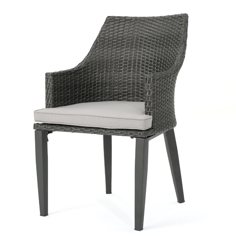 Benjara Ellish Outdoor Dining Armchair Set of 2- Gray Faux Wicker- Metal Frame