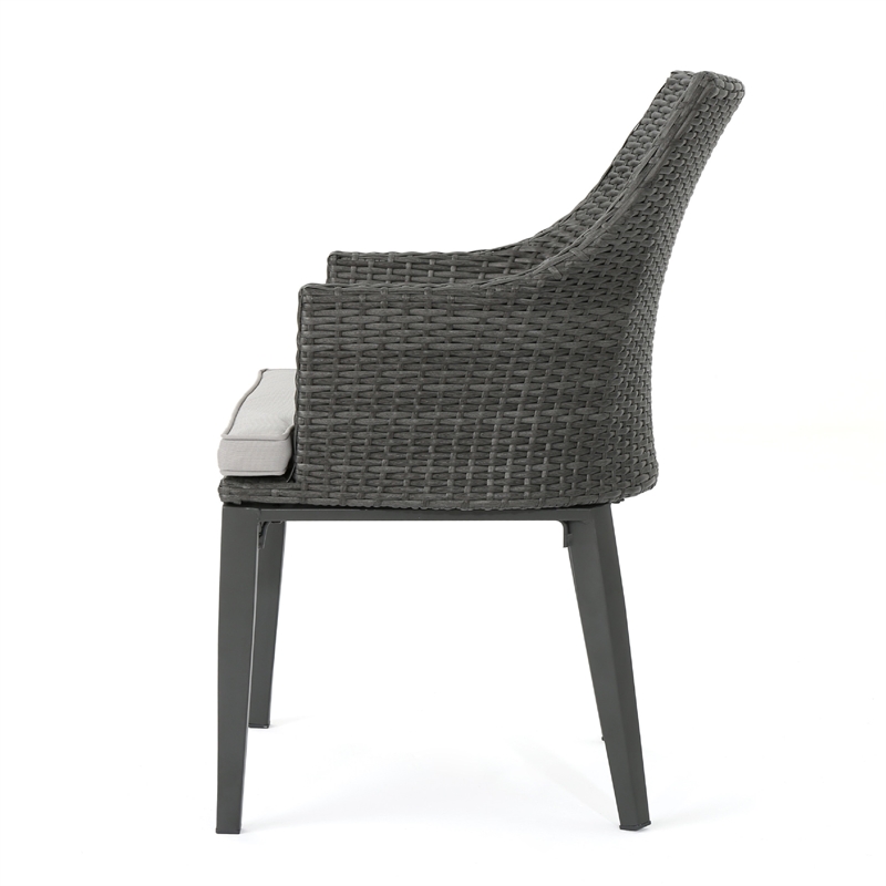 Benjara Ellish Outdoor Dining Armchair Set of 2- Gray Faux Wicker- Metal Frame