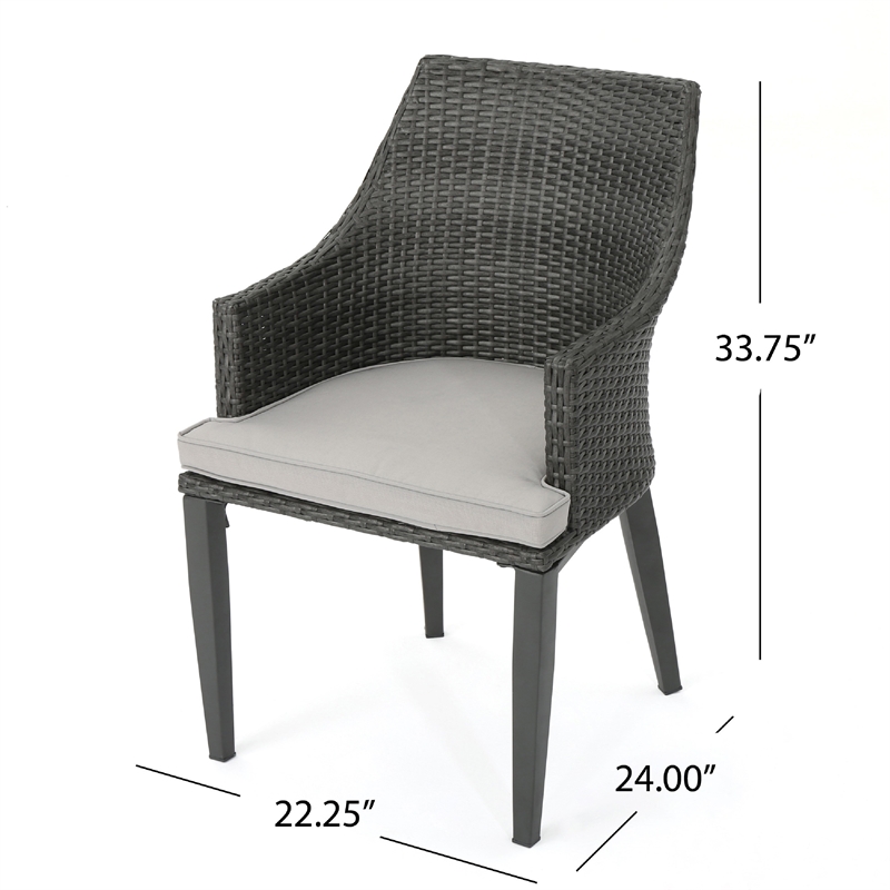 Benjara Ellish Outdoor Dining Armchair Set of 2- Gray Faux Wicker- Metal Frame