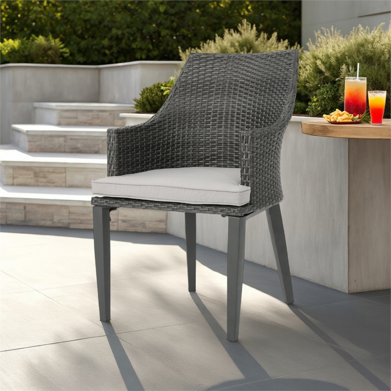 Benjara Ellish Outdoor Dining Armchair Set of 2- Gray Faux Wicker- Metal Frame