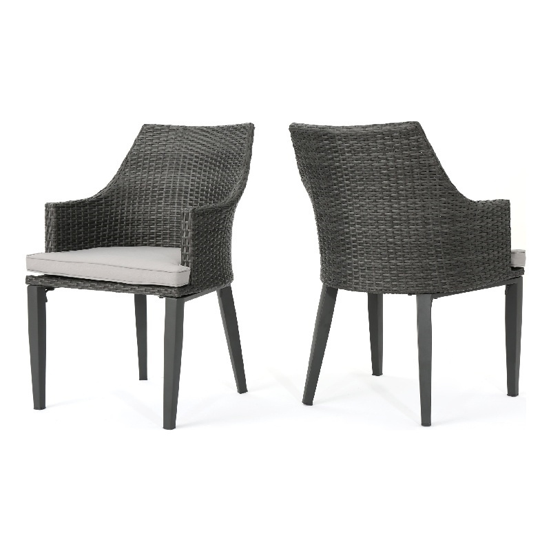 Benjara Ellish Outdoor Dining Armchair Set of 2- Gray Faux Wicker- Metal Frame