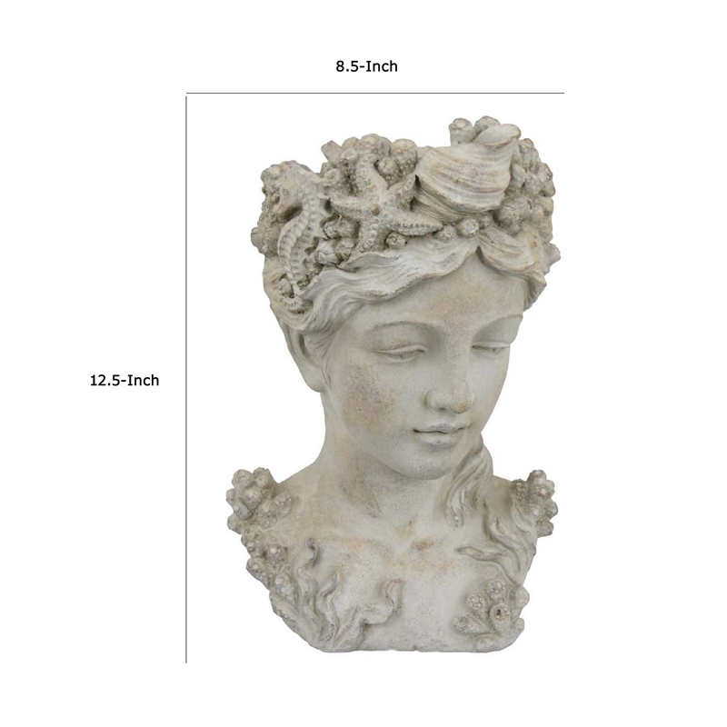 Benjara Lewis Bust Planter with Sea Life and Coral Patterns- White Terracotta