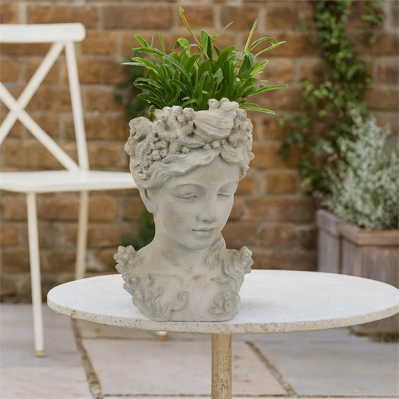 Benjara Lewis Bust Planter with Sea Life and Coral Patterns- White Terracotta