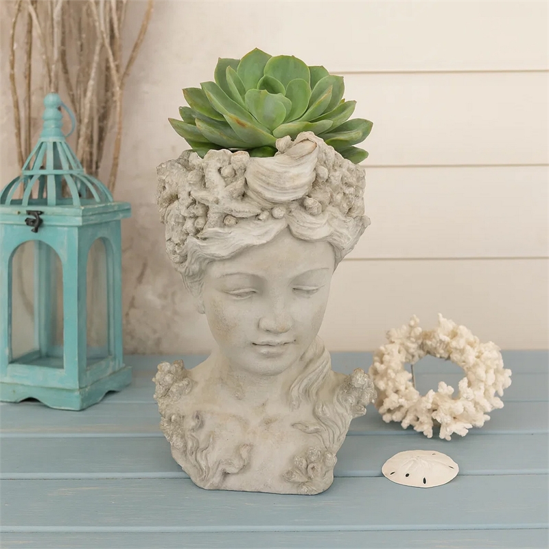 Benjara Lewis Bust Planter with Sea Life and Coral Patterns- White Terracotta