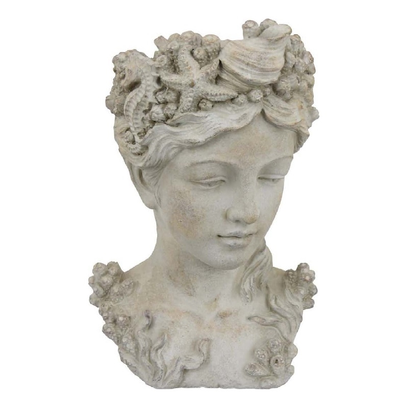 Benjara Lewis Bust Planter with Sea Life and Coral Patterns- White Terracotta
