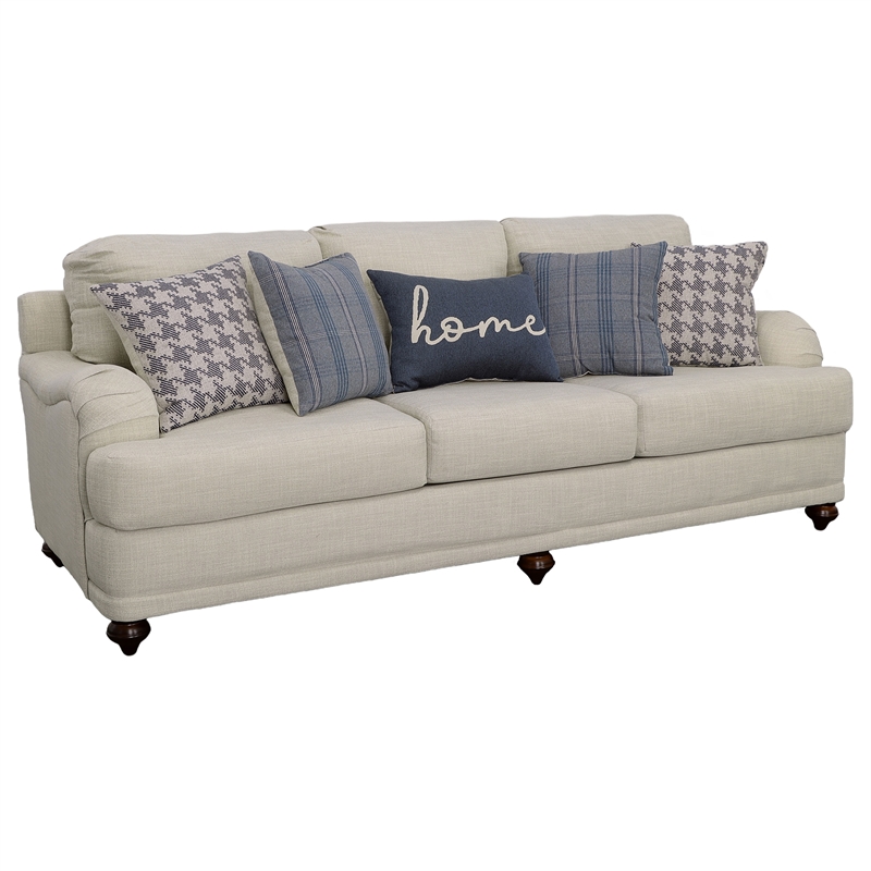 Benjara Liya 2pc Sofa and Loveseat Set- 7 Blue Pillows- Light Gray