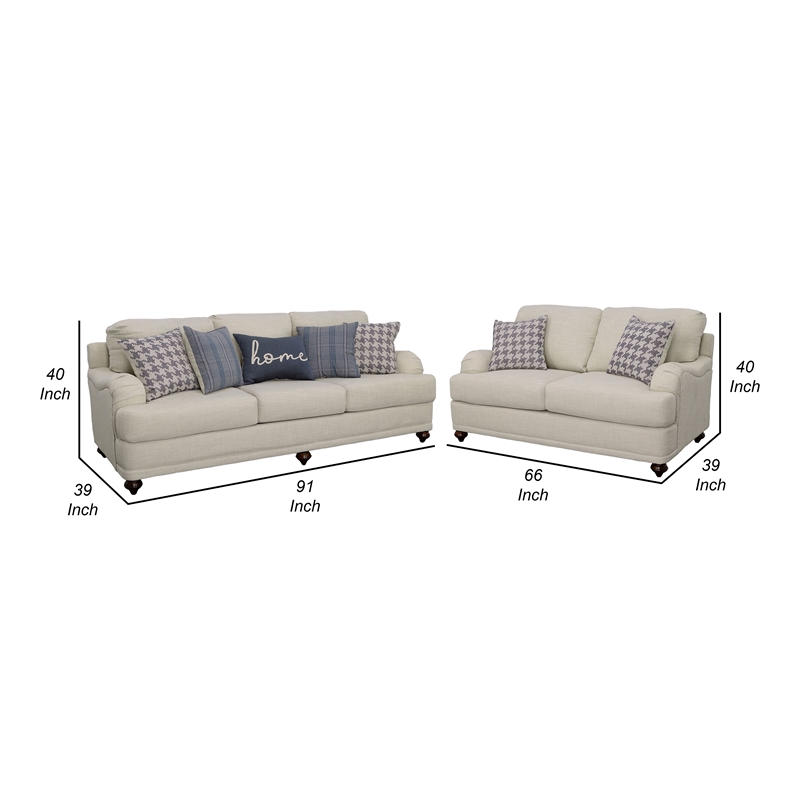 Benjara Liya 2pc Sofa and Loveseat Set- 7 Blue Pillows- Light Gray