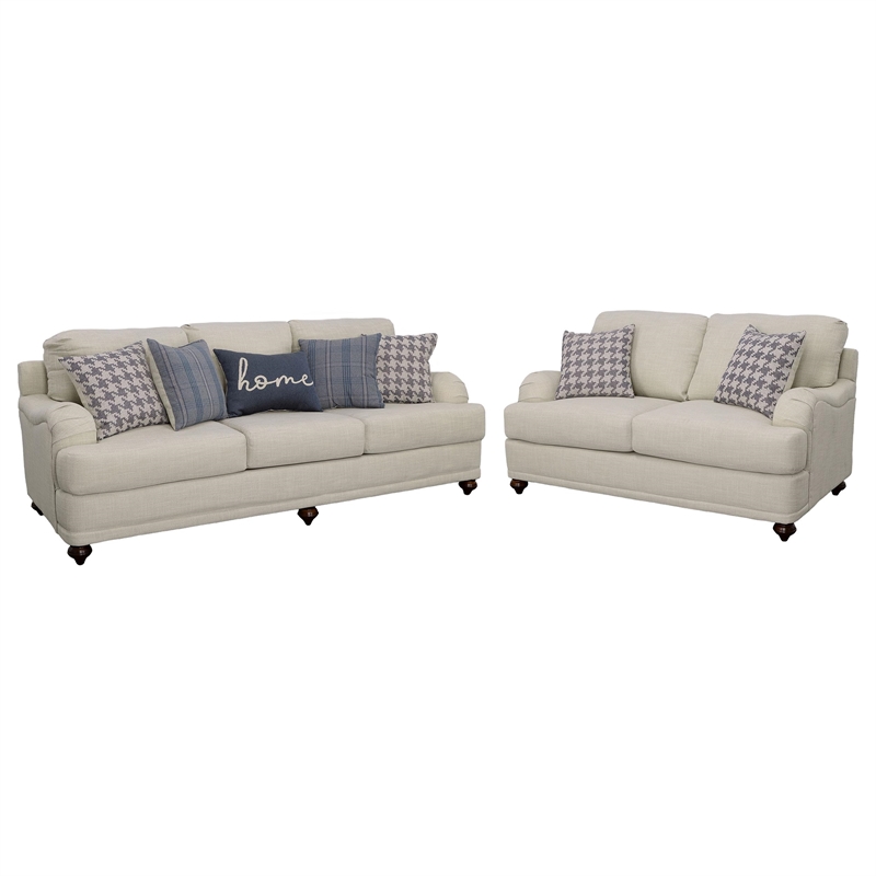 Benjara Liya 2pc Sofa and Loveseat Set- 7 Blue Pillows- Light Gray