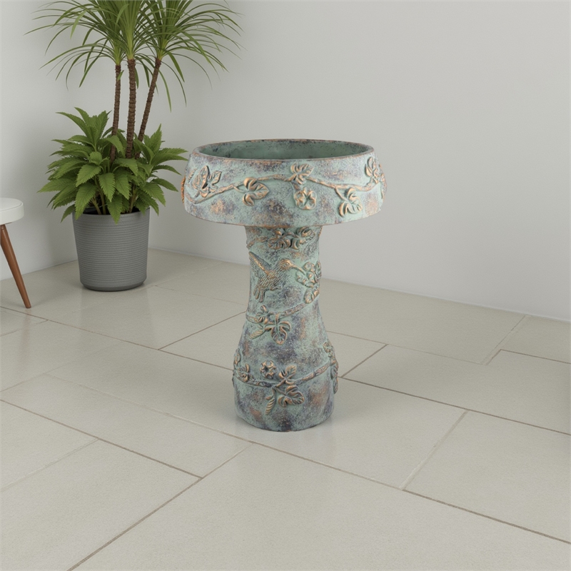 Benjara Menon Bird Bath Feeder- Decorative Designs- Green Terracotta- 20