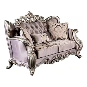 Benjara Aboi Loveseat- 3 Accent Pillows- Purple Velvet- Carved Details- 70&quot