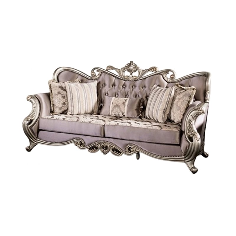 Benjara Aboi Sofa- 5 Accent Pillows- Purple Velvet- Carved Details- 95
