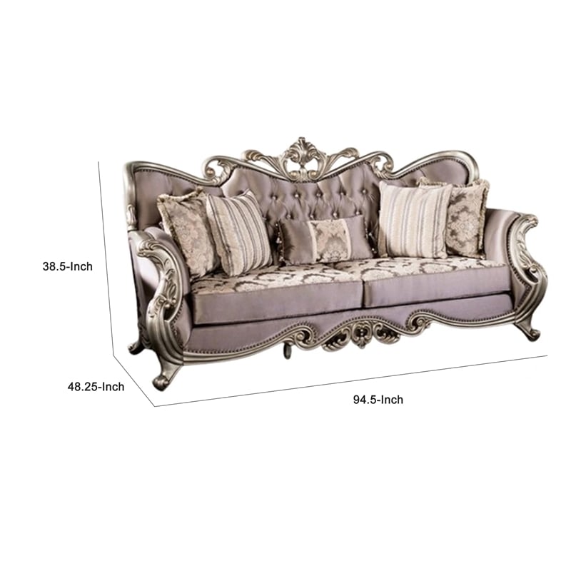 Benjara Aboi Sofa- 5 Accent Pillows- Purple Velvet- Carved Details- 95