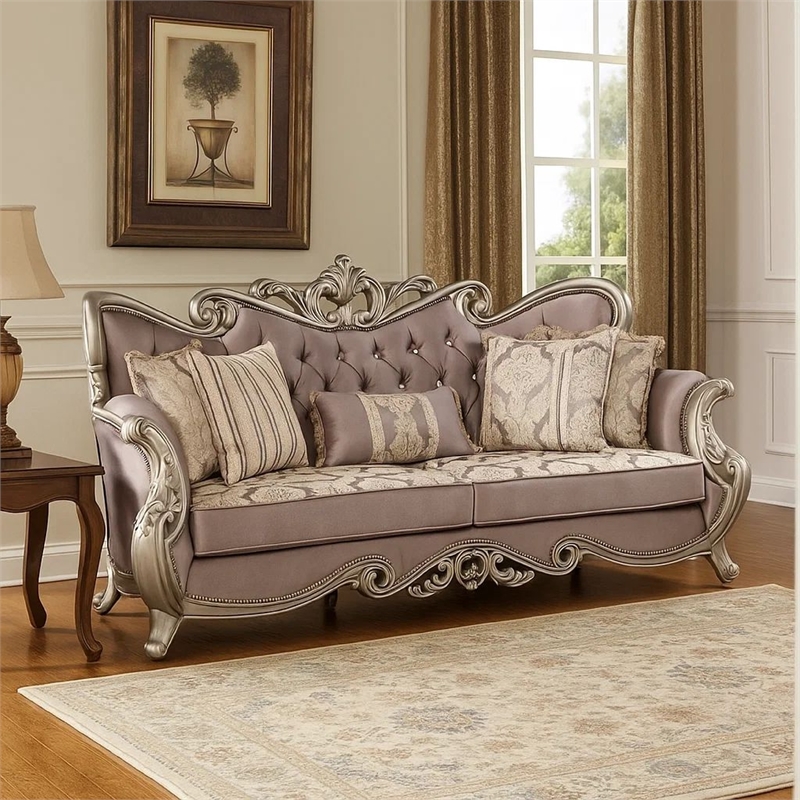 Benjara Aboi Sofa- 5 Accent Pillows- Purple Velvet- Carved Details- 95