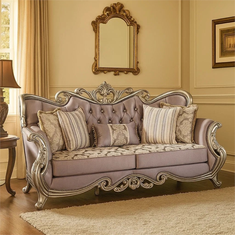 Benjara Aboi Sofa- 5 Accent Pillows- Purple Velvet- Carved Details- 95