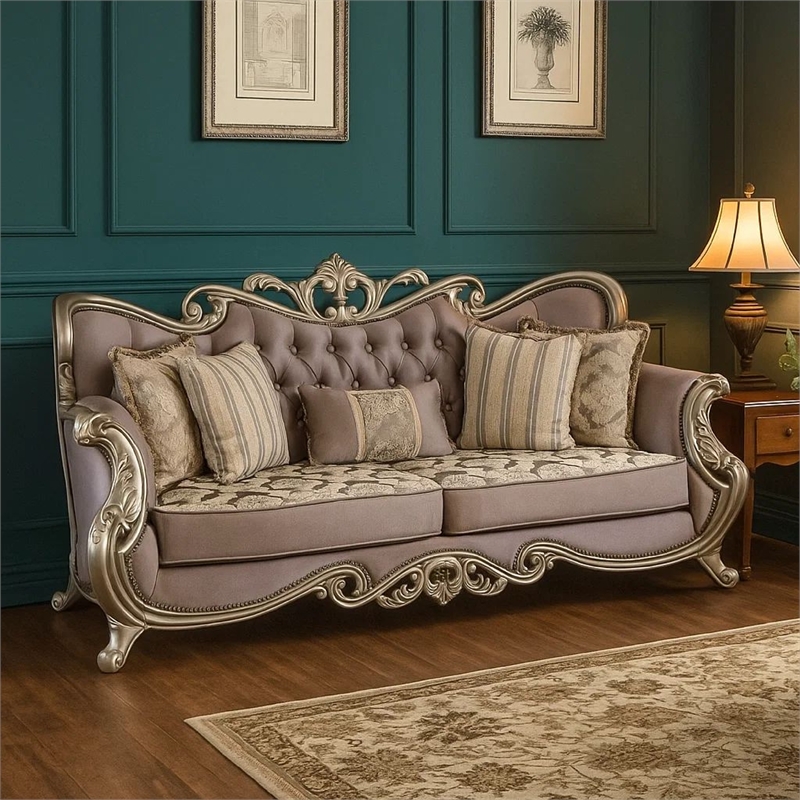 Benjara Aboi Sofa- 5 Accent Pillows- Purple Velvet- Carved Details- 95