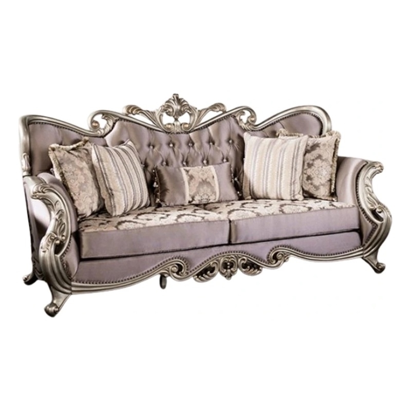 Benjara Aboi Sofa- 5 Accent Pillows- Purple Velvet- Carved Details- 95