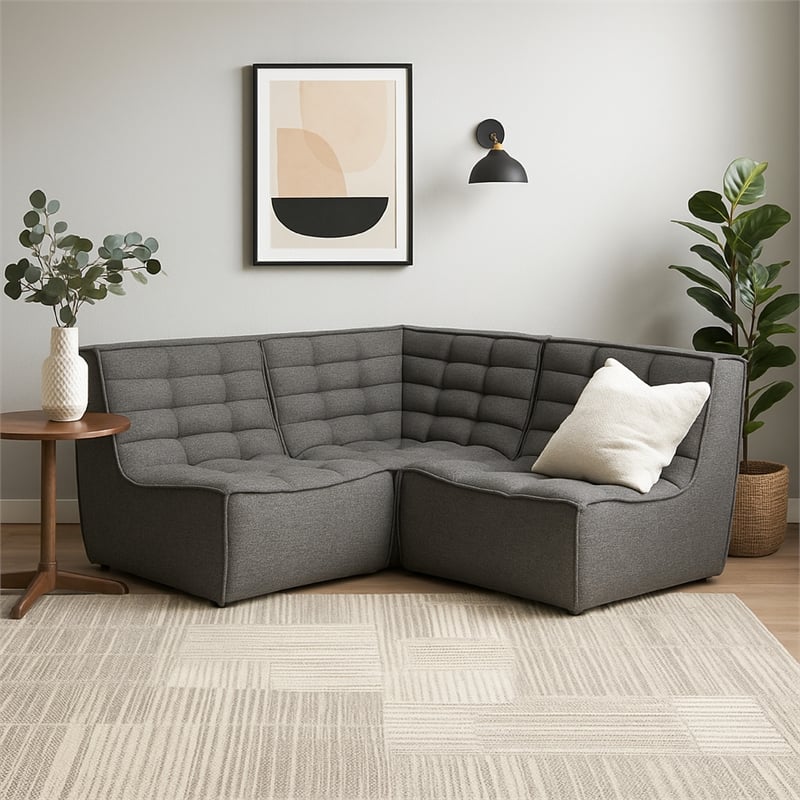 Benjara Ema 3pc Modular Sectional Corner Sofa- Grid Tufted Gray Polyester