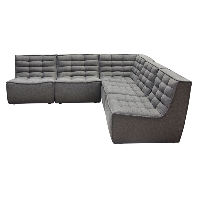 Benjara Ema 5pc L Shape Modular Sectional Corner Sofa-Grid Tufted Gray Polyester